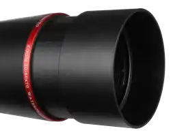 Close-up of black SNIPA NorthWatch HD spotting scope lens with red accent ring. TUTT