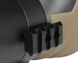 Close-up of a tactical spotting scope with a black rail mount on a beige and black body, TUTT