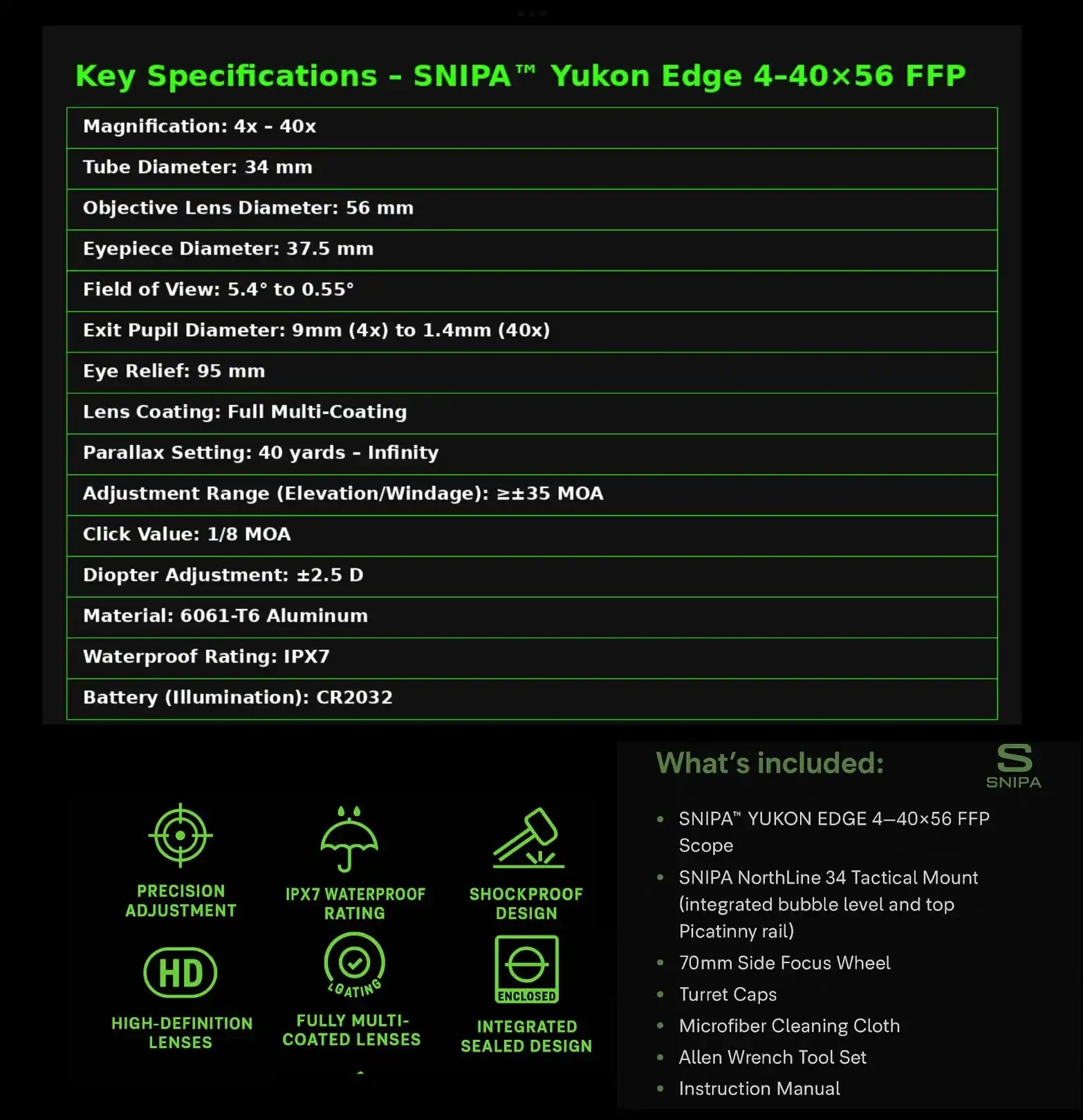 SNIPA Yukon Edge 4-40x56 FFP rifle scope key specs, features, and box contents on black background TUTT