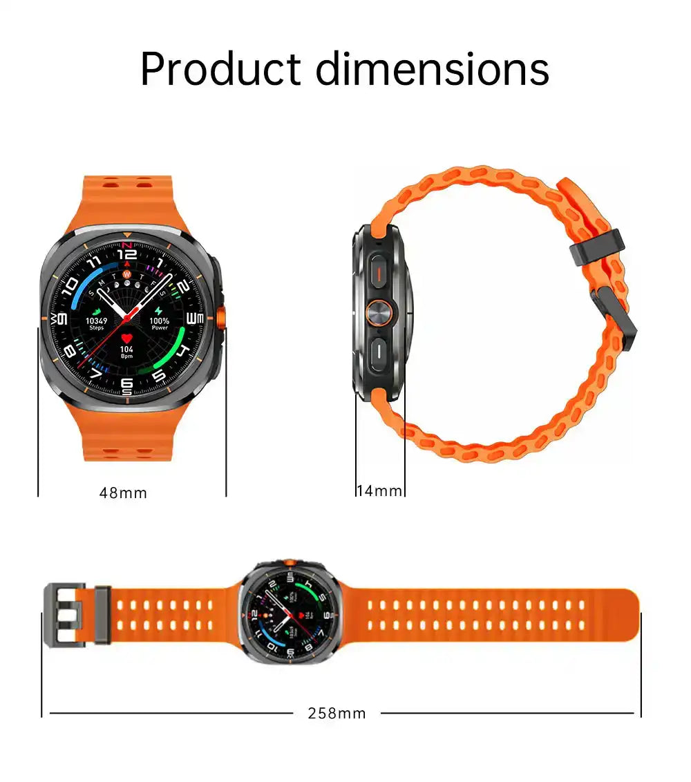 Orange smartwatch with black round face and fitness display shown from front, side, top, with dimensions marked. TUTT