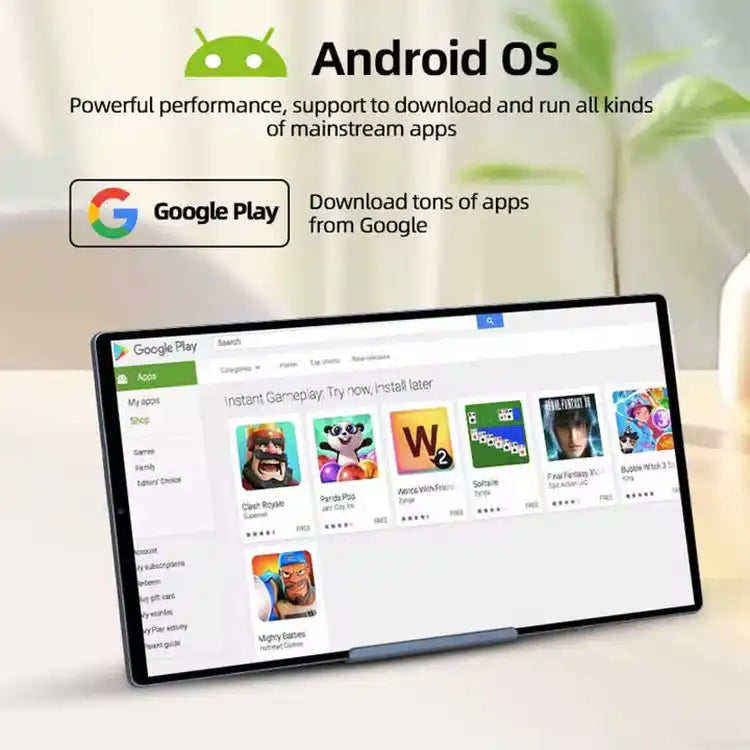 Android tablet displaying Google Play app store interface on a desk, Android OS marketing text above. TUTT