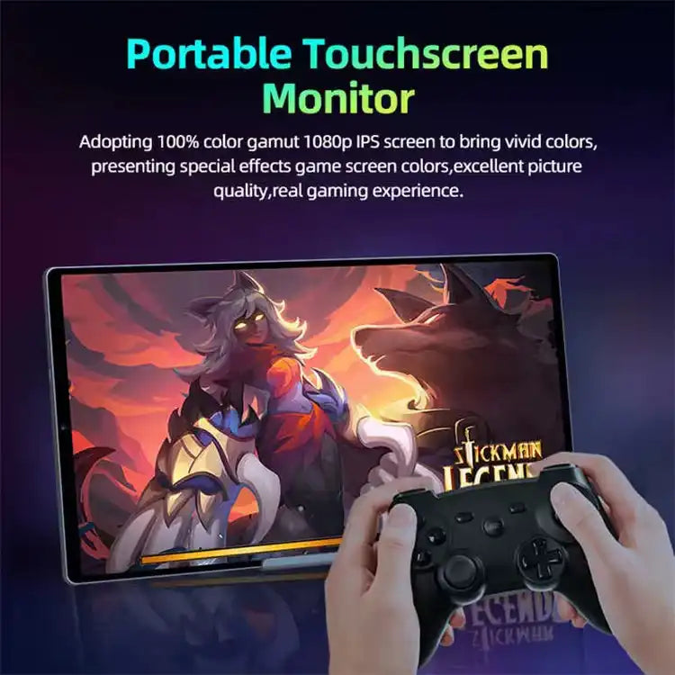 Hands holding a game controller in front of a portable 1080p touchscreen monitor displaying a colorful game screen, Stickman Legends. TUTT