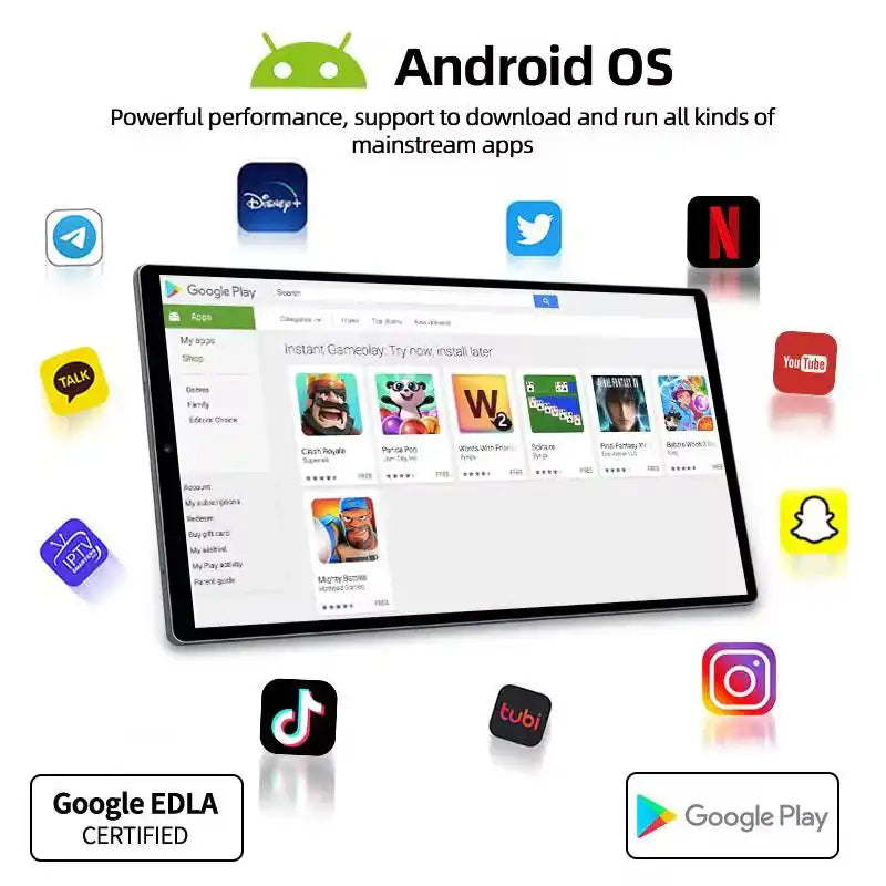 Android smart display showing Google Play Store with popular app icons like Netflix, YouTube, TikTok, Disney+, and Instagram, plus Google EDLA certified badge, TUTT