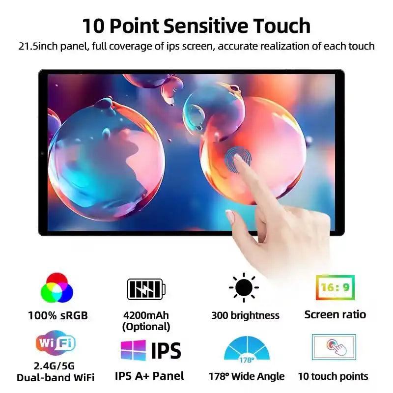 21.5-inch smart Android display with IPS screen, 10-point touch, and feature icons, TUTT