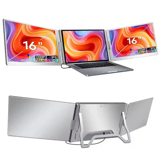Laptop with triple 16-inch IPS folding monitors, sRGB 100%, on stand, front and back views. TUTT