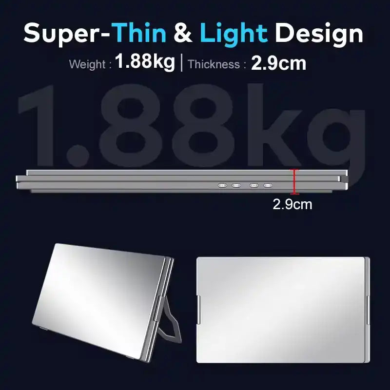 Ultra-thin lightweight portable monitor, 1.88kg weight, 2.9cm thickness, silver design. TUTT