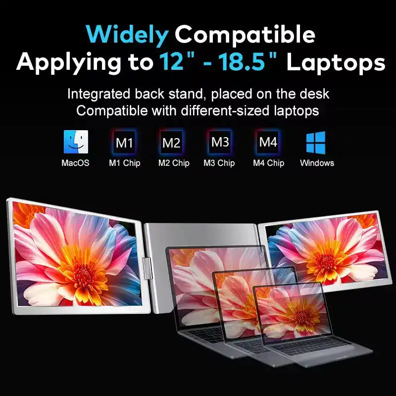 Triple laptop screen extender compatible with 12-18.5 inch MacOS and Windows laptops, M1-M4 chips. TUTT