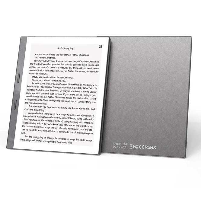 E-reader device with a screen displaying text on a gray fabric cover.