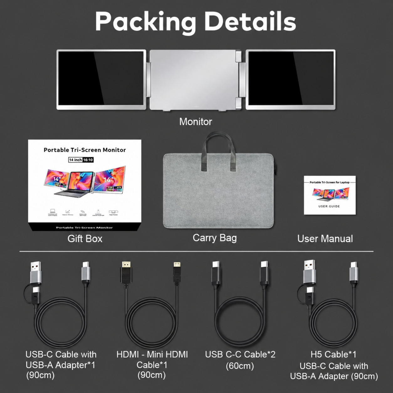 TUTT 15.6” Dual Portable Monitor | 16:9 Ratio FHD IPS Triple Screen Extender | Rotating Right Screen | Standalone | H5 Converter Cable | Windows, Mac OS – S10