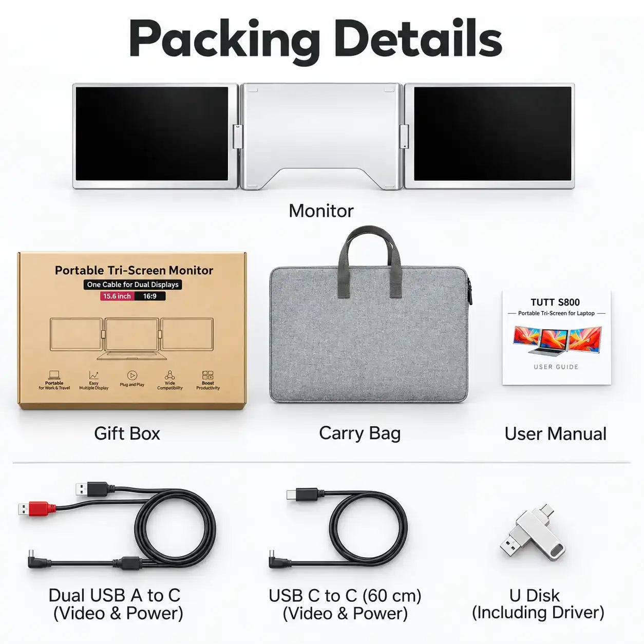 TUTT™ S800 portable monitor packing details including tri-screen extender, carry bag, cables, and manual.
