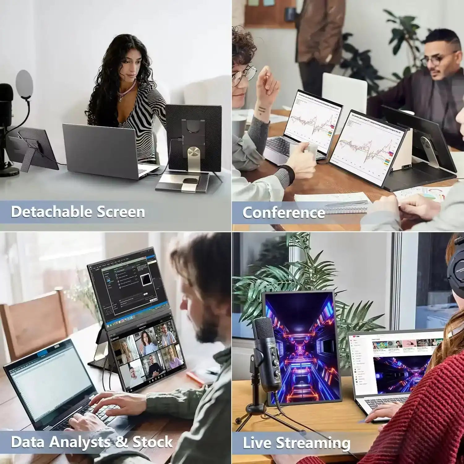 Collage of people using a portable laptop monitor extender for work, meetings, stock analysis, and live streaming, with Detachable Screen, Conference, Data Analysts & Stock, and Live Streaming text labels. TUTT