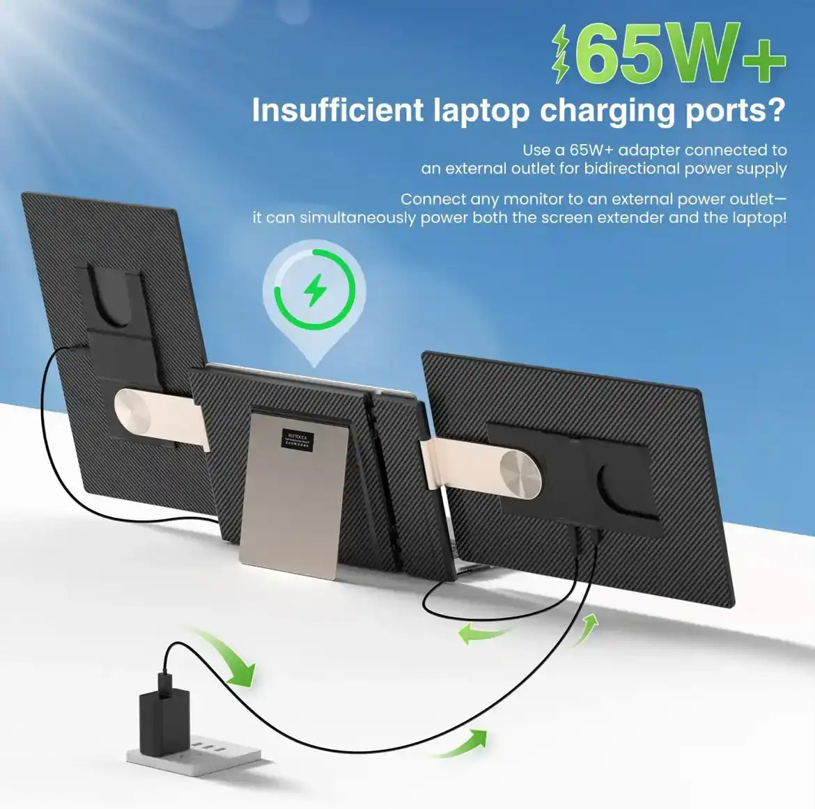 Portable monitor laptop screen extender with dual displays, USB-C power adapter connected. TUTT