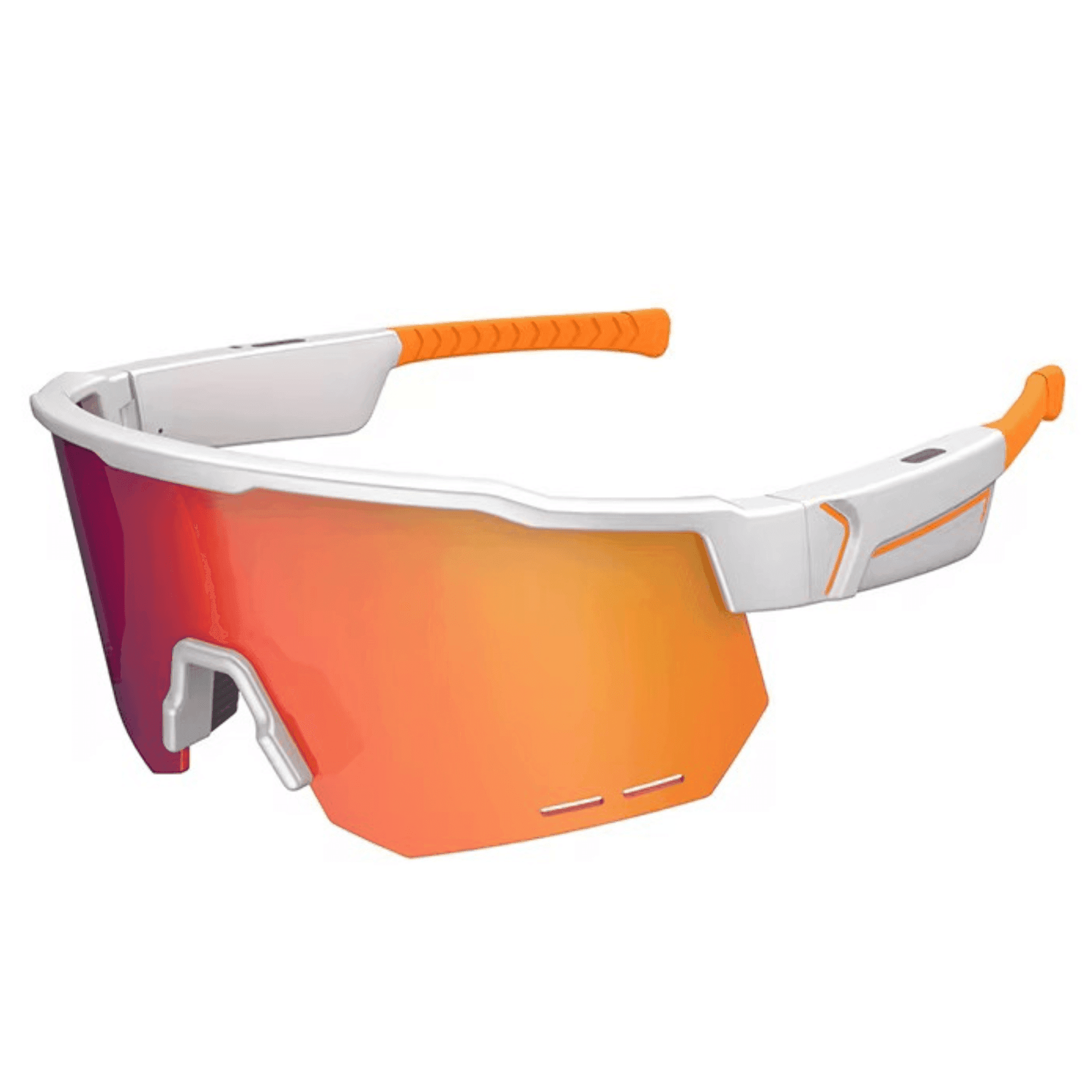 Sport sunglasses with orange mirrored lenses, white frame, and orange temples, SNIPA Optics. TUTT