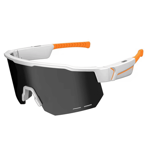 Sport sunglasses with black shield lens, white and orange frame, modern design, SNIPA Optics. TUTT