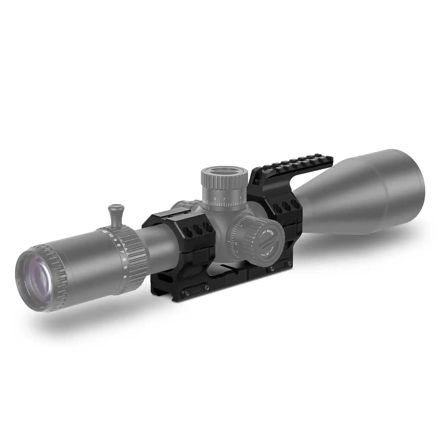Tactical rifle scope with adjustment dials, matte finish, and rail mount on white background TUTT
