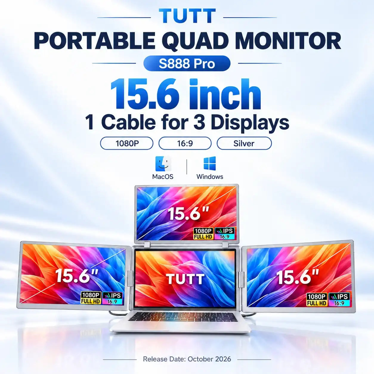 TUTT™ S888 Pro 15.6 inch portable quad monitor laptop screen extender for Mac and Windows.
