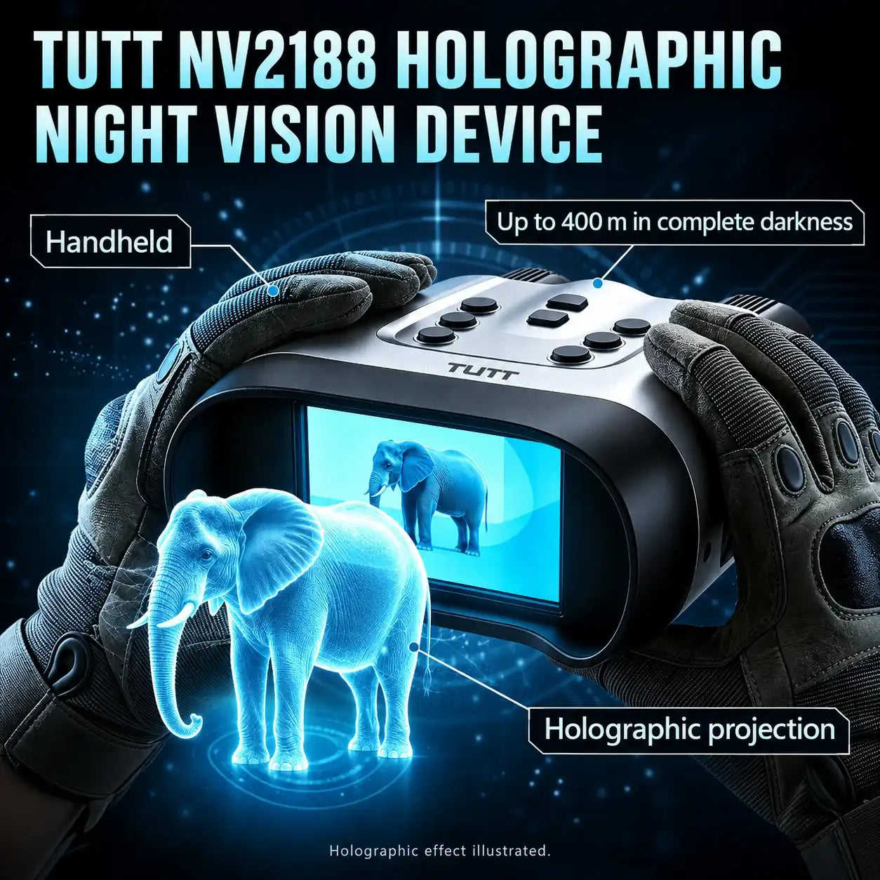 TUTT™ NV2188 holographic night vision device featuring a blue elephant projection for wildlife viewing.