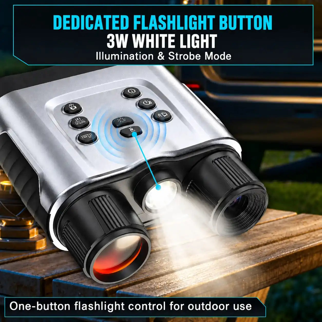 TUTT™ NV2188 night vision binoculars featuring a dedicated 3W white light flashlight for outdoor use.