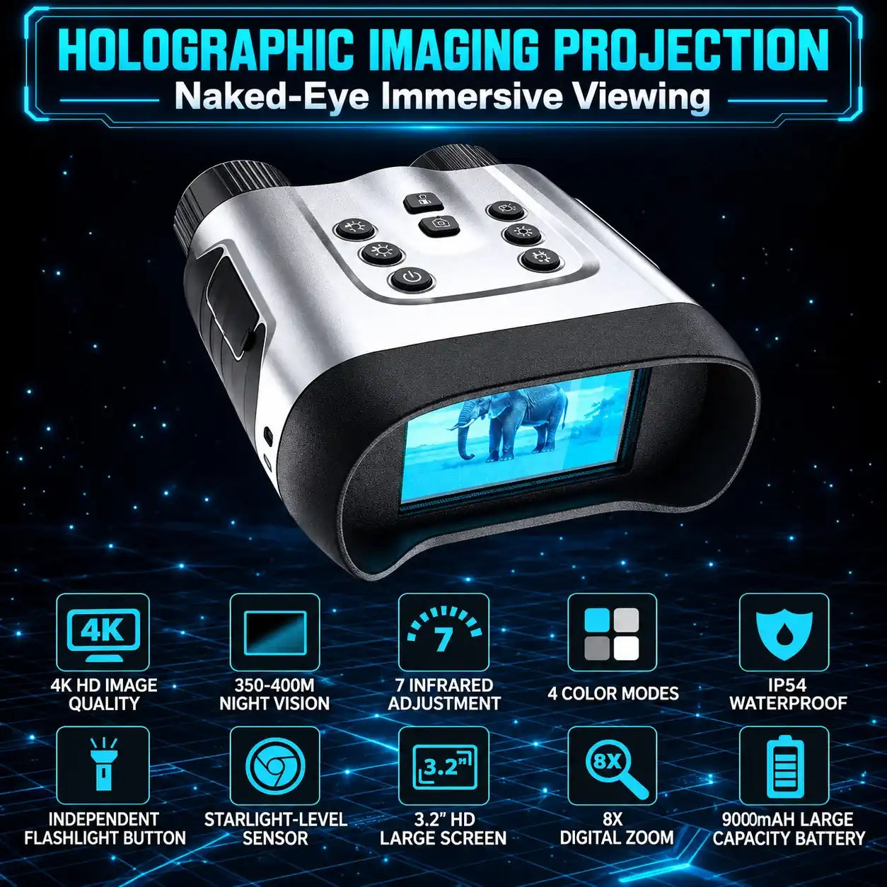 TUTT™ NV2188 4K Night Vision Binoculars featuring a 3.2-inch HD screen and 8x digital zoom.