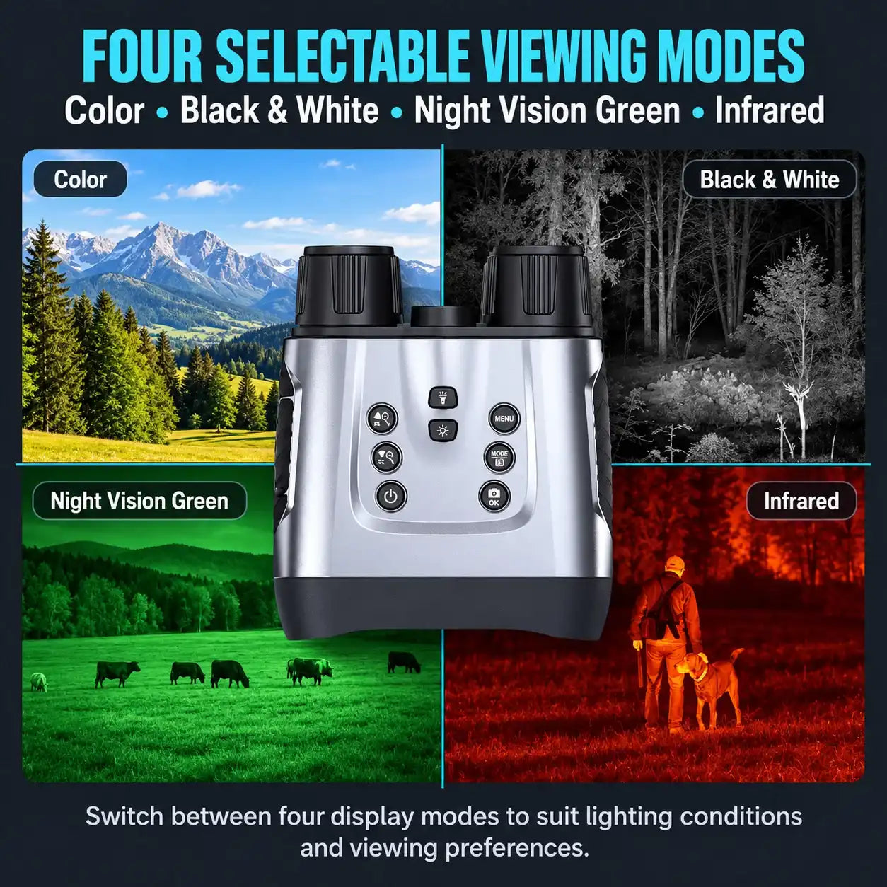 TUTT™ NV2188 night vision binoculars showing four viewing modes: Color, Black & White, Green, and Infrared.