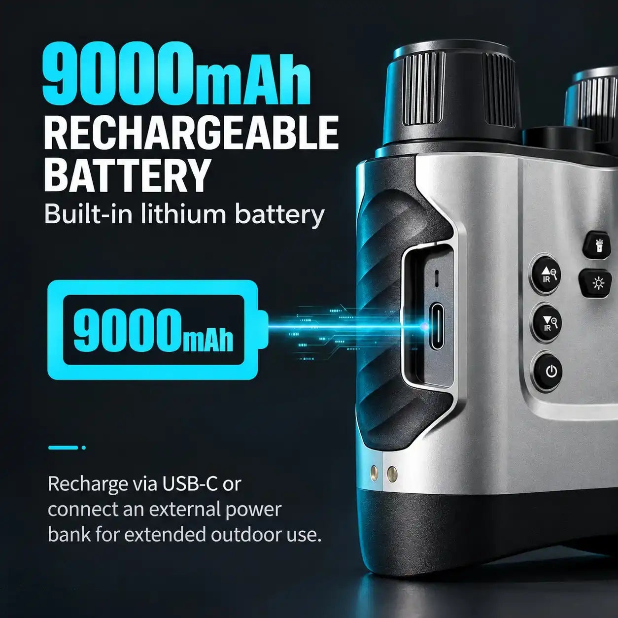 TUTT™ NV2188 night vision binoculars featuring a large 9000mAh rechargeable lithium battery.