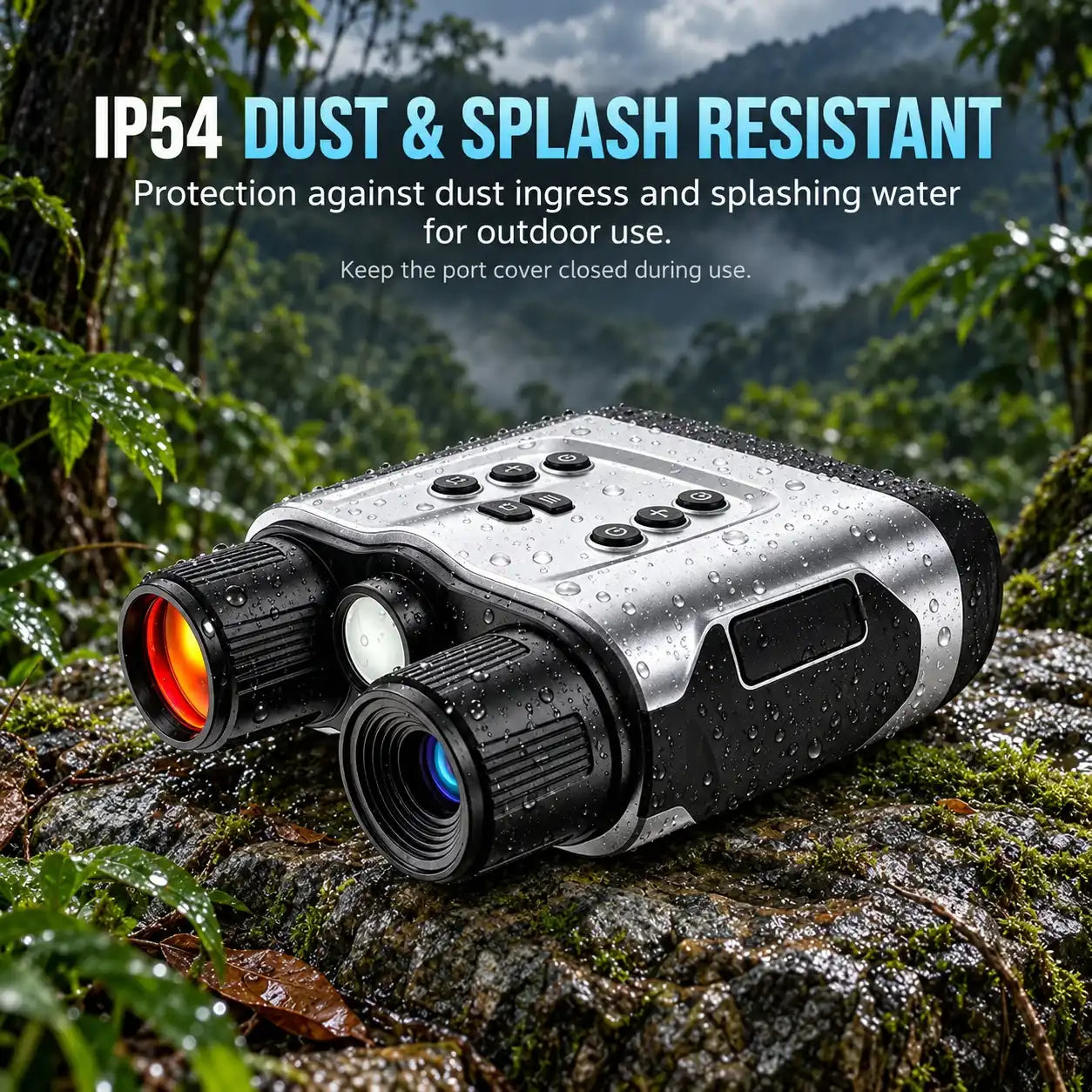 TUTT™ IP54 dust and splash resistant 4K night vision binoculars resting on a wet rock in a rainforest.