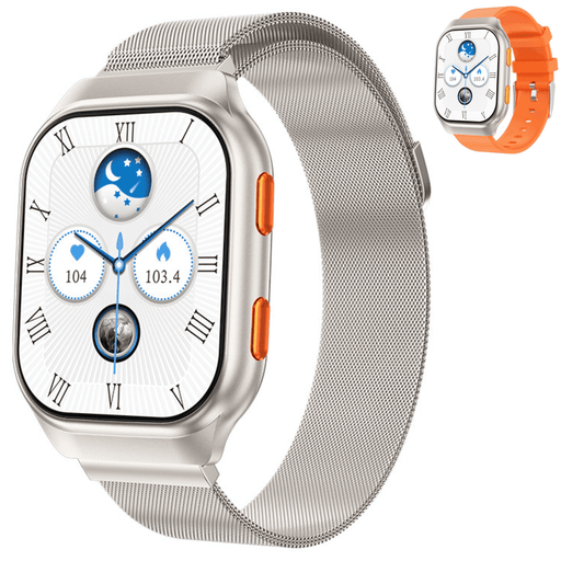 Smartwatch with silver mesh band, rectangular display, orange side buttons, and digital health metrics, plus a variant with orange band. TUTT