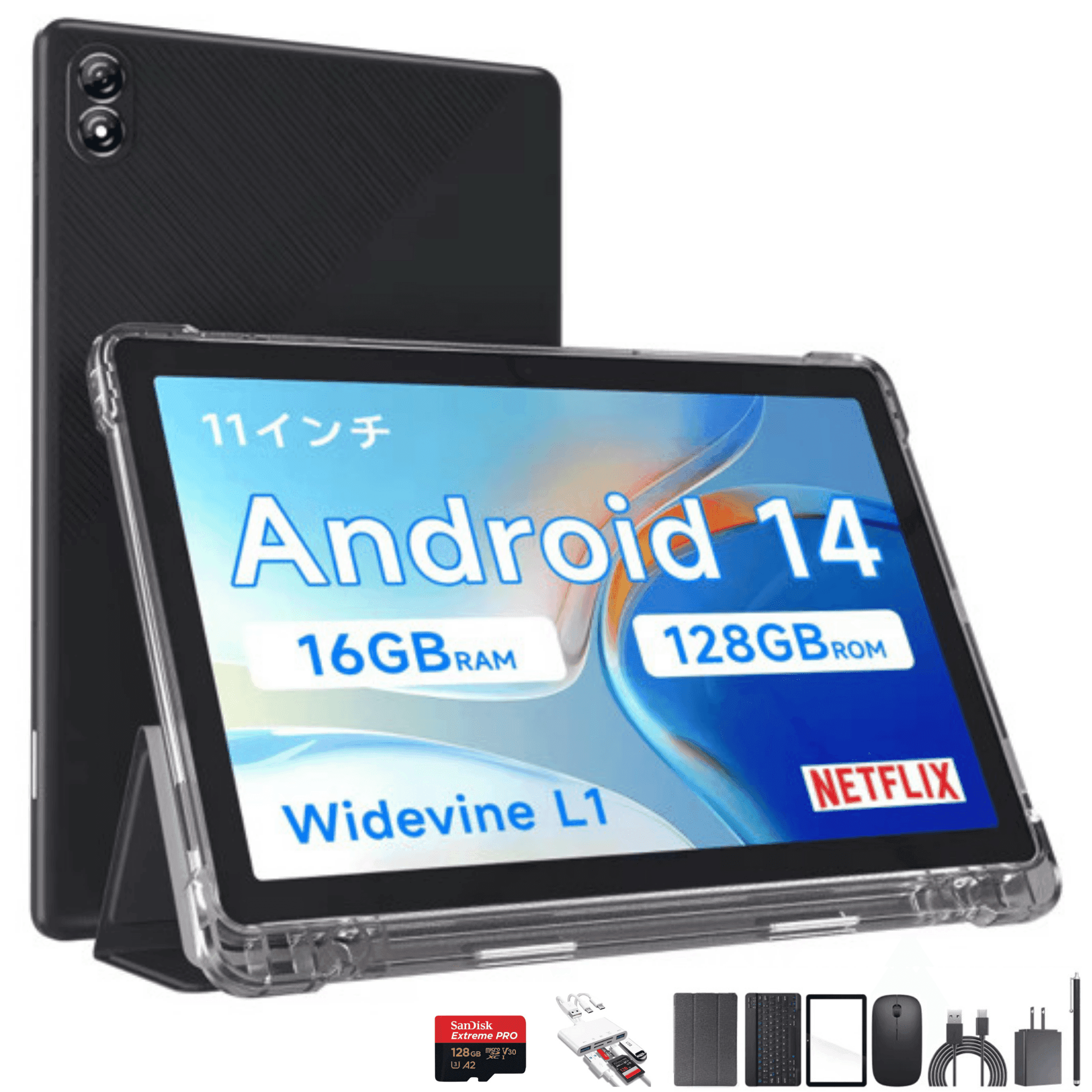 Android 14 tablet with 11-inch screen, 16GB RAM, 128GB ROM, accessories, and Netflix logo, TUTT