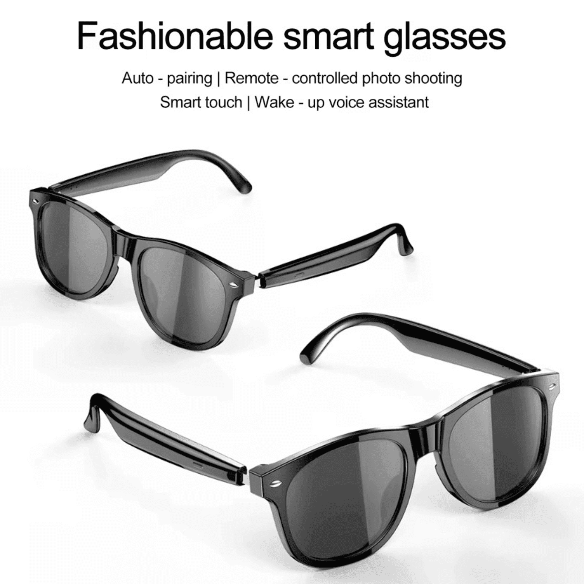 Black smart sunglasses with touch controls and voice assistant features on white background, TUTT