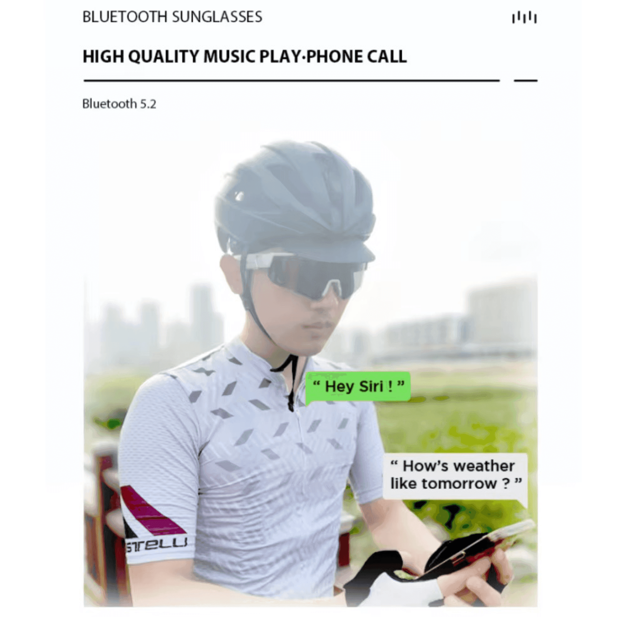 Cyclist wearing smart Bluetooth sunglasses outdoors using phone with voice commands, TUTT