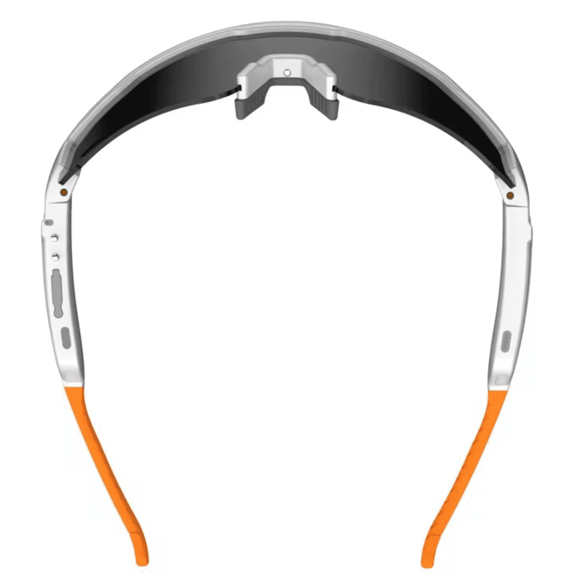 Top view of sporty smart sunglasses with silver frame, black lens, and orange arms TUTT