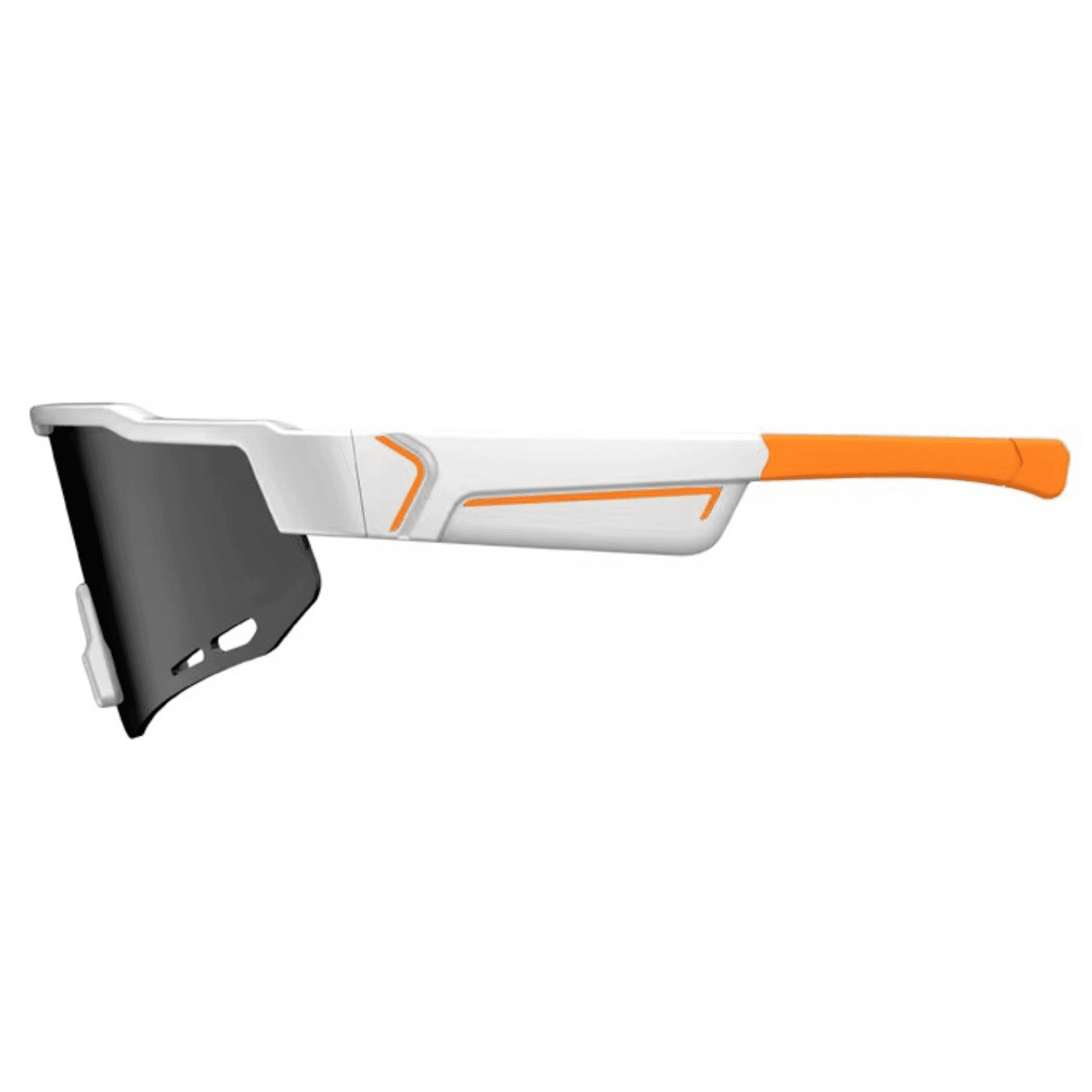 White and orange smart sunglasses with black lens, side view, modern tech eyewear TUTT
