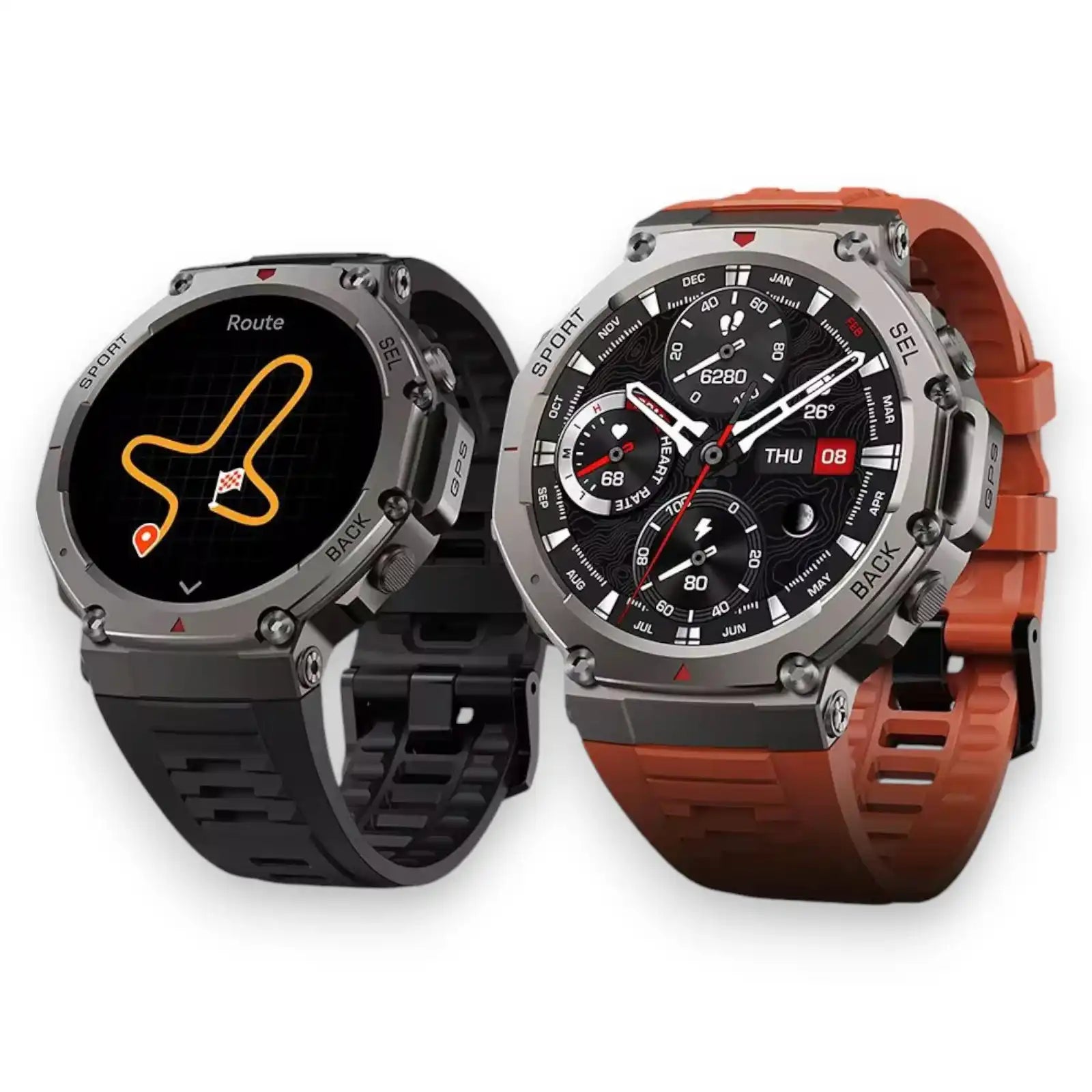 Two rugged smartwatches with GPS and sport modes, one with black strap showing route map, other with orange strap showing health stats TUTT