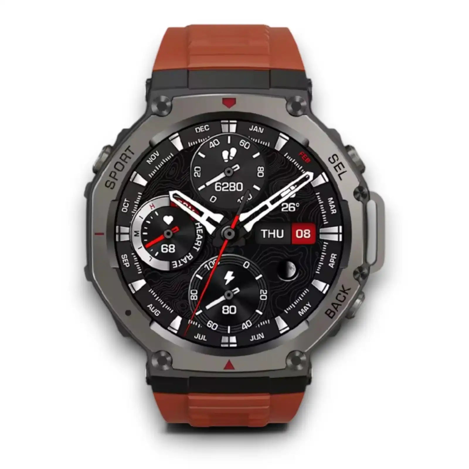 Smartwatch with a round black dial showing heart rate, step count, date, temperature, and battery level with orange strap TUTT