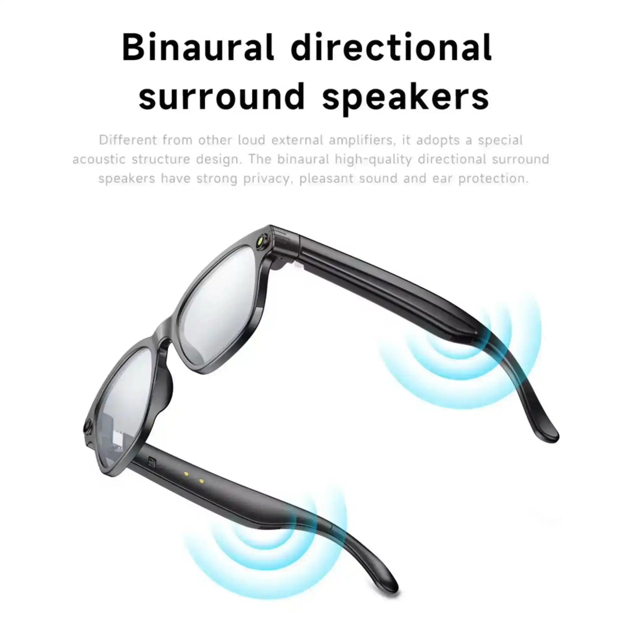 Smart glasses with directional surround speakers and transparent lenses, black frame, TUTT