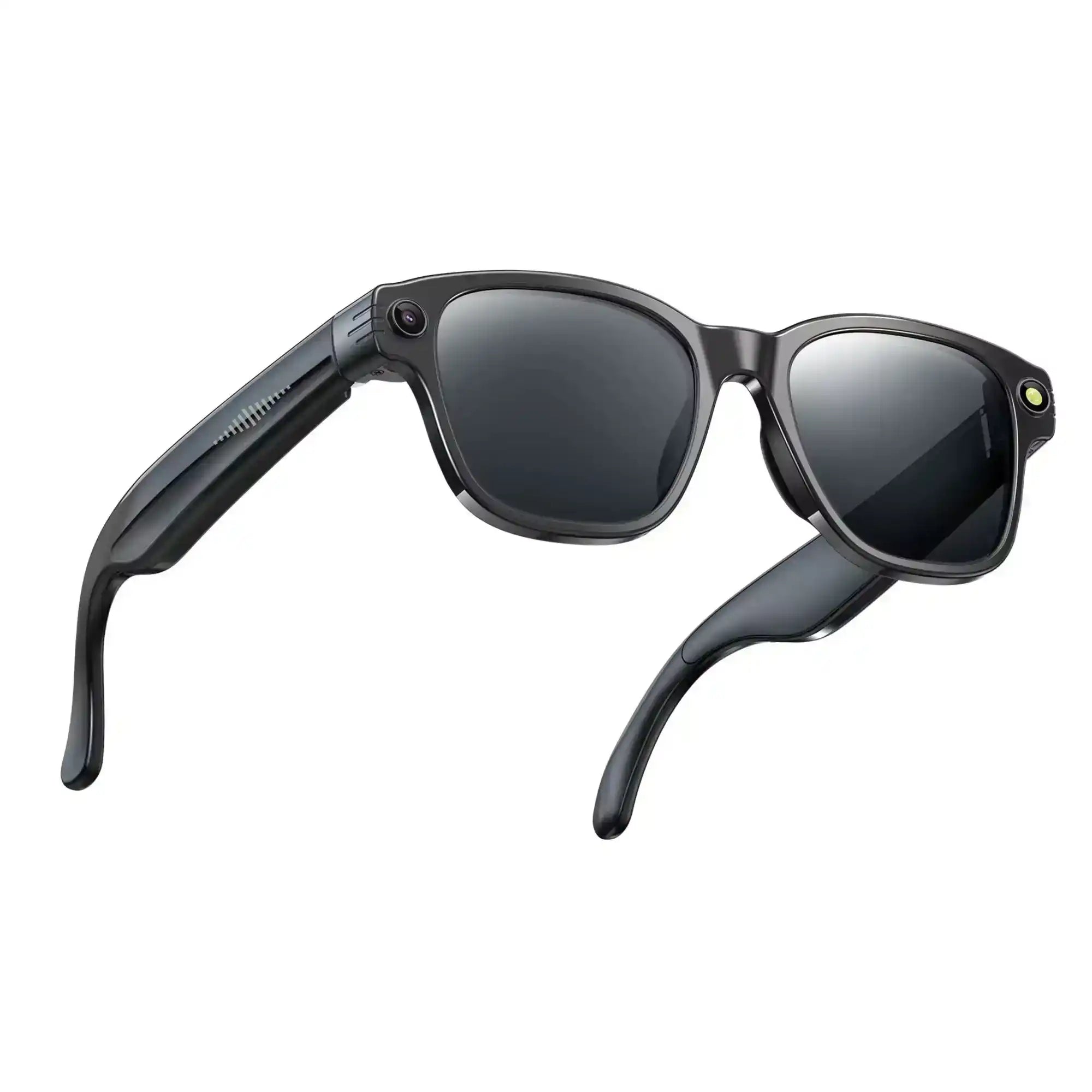 Black smart sunglasses with built-in camera and tinted lenses on white background TUTT