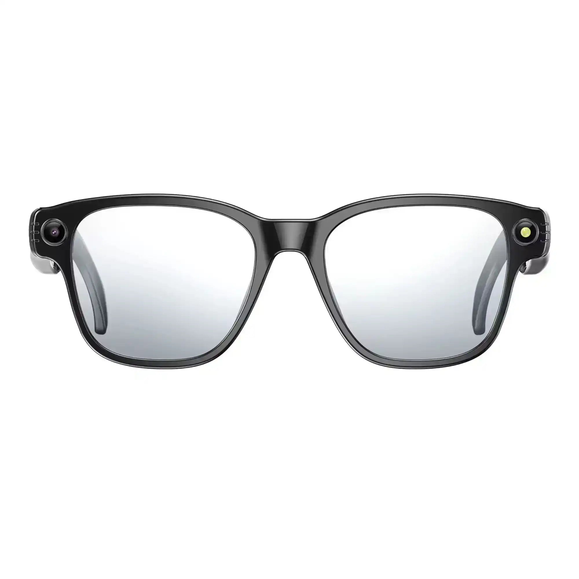 Smart glasses with black rectangular frames, built-in camera on each side, white background TUTT