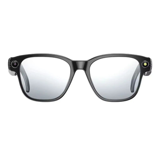 Smart glasses with black rectangular frames, built-in camera on each side, white background TUTT