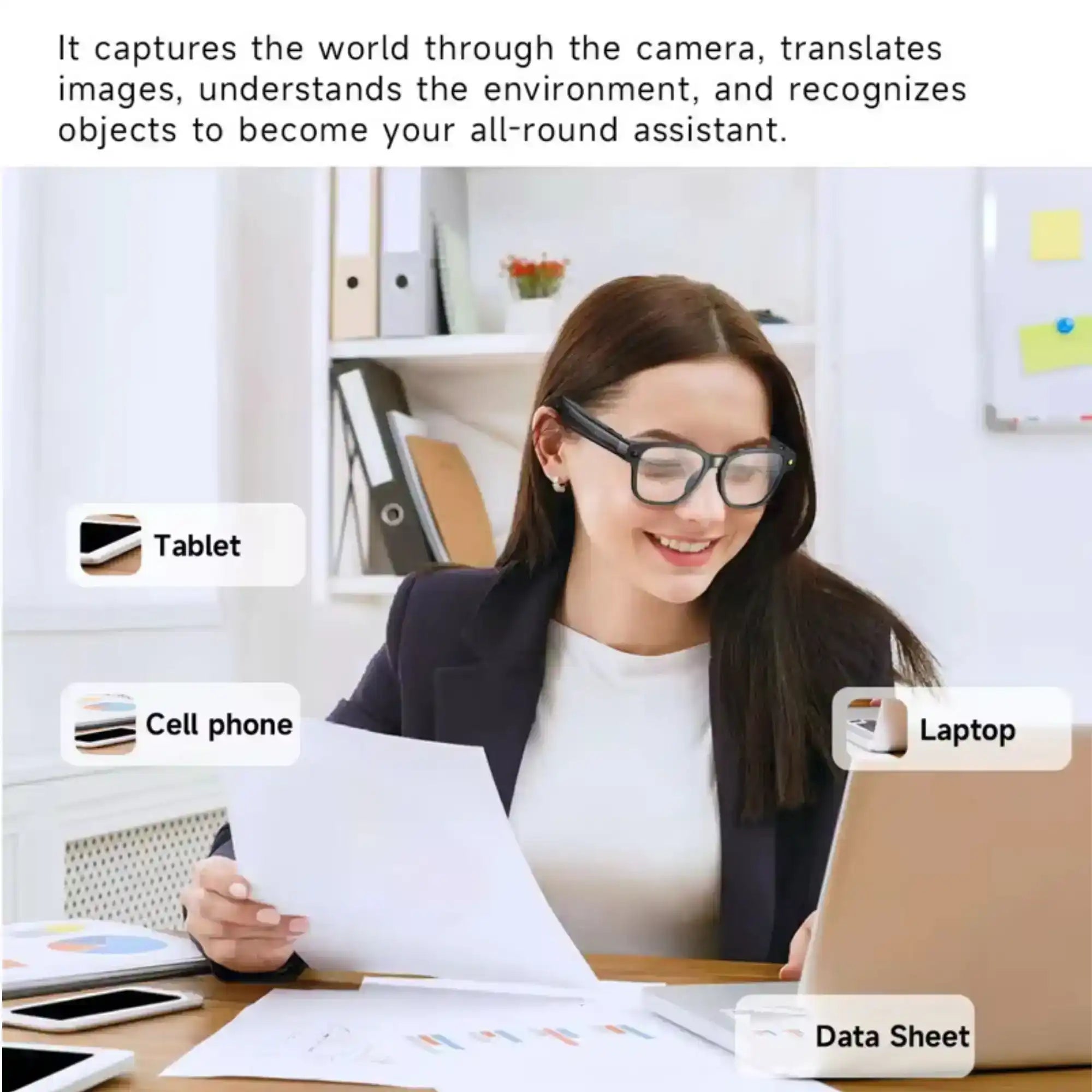 Woman wearing smart glasses at office desk with laptop, tablet, cell phone, data sheet. TUTT