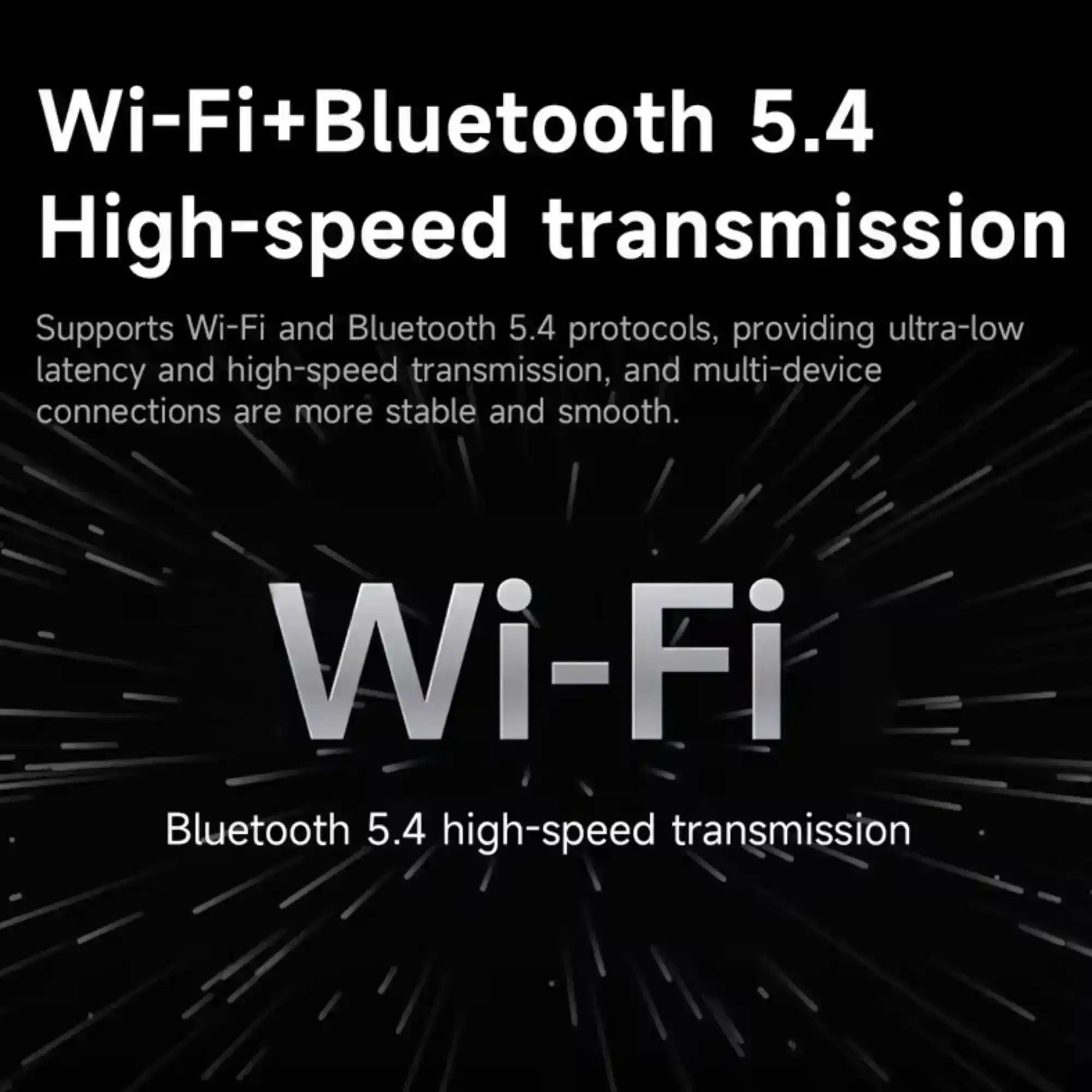 Wi-Fi and Bluetooth 5.4 high-speed transmission graphic on black background TUTT