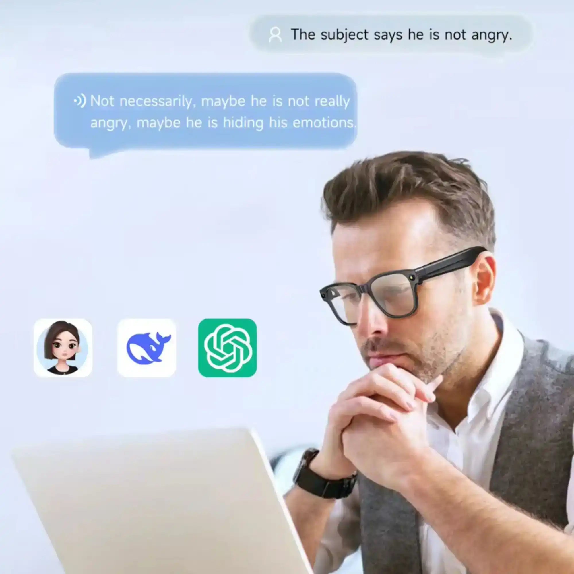 Man wearing smart glasses working at laptop with AI chat icons and speech bubbles, TUTT