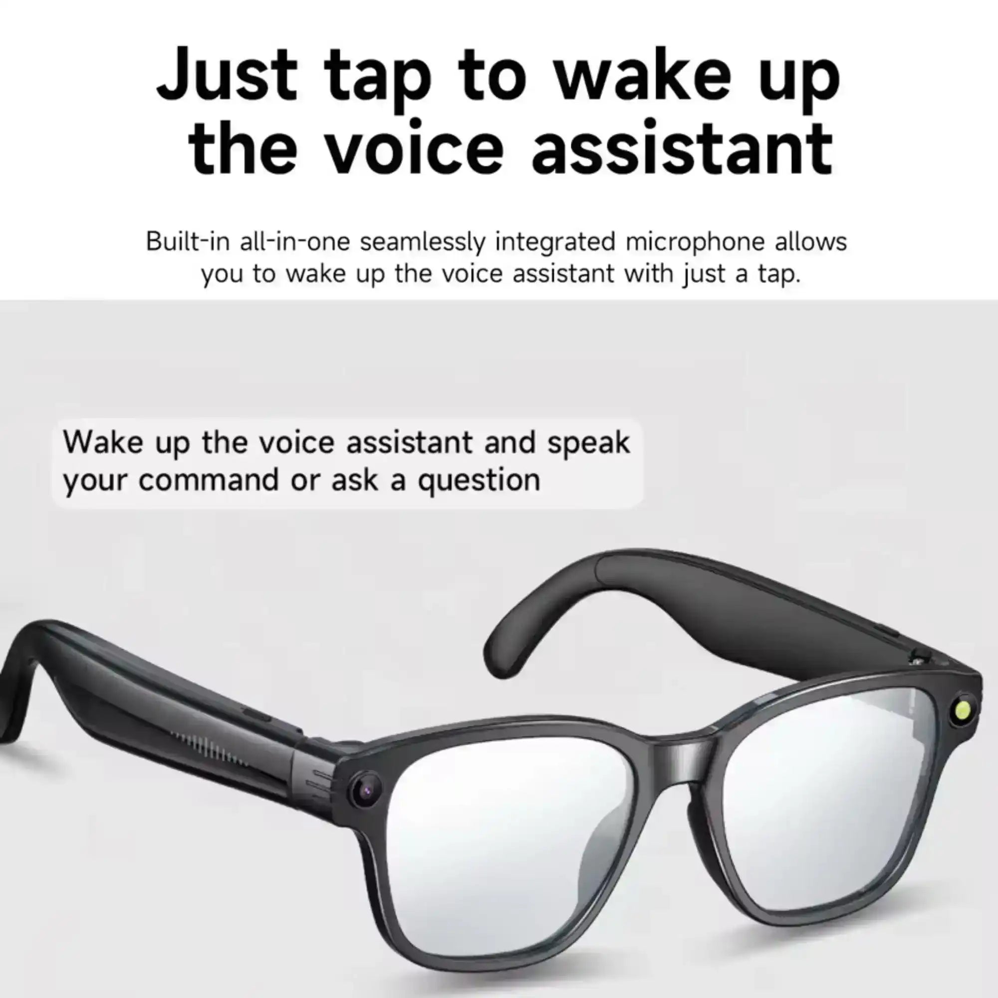 Black smart glasses with built-in voice assistant and integrated microphone, displayed on gray. TUTT