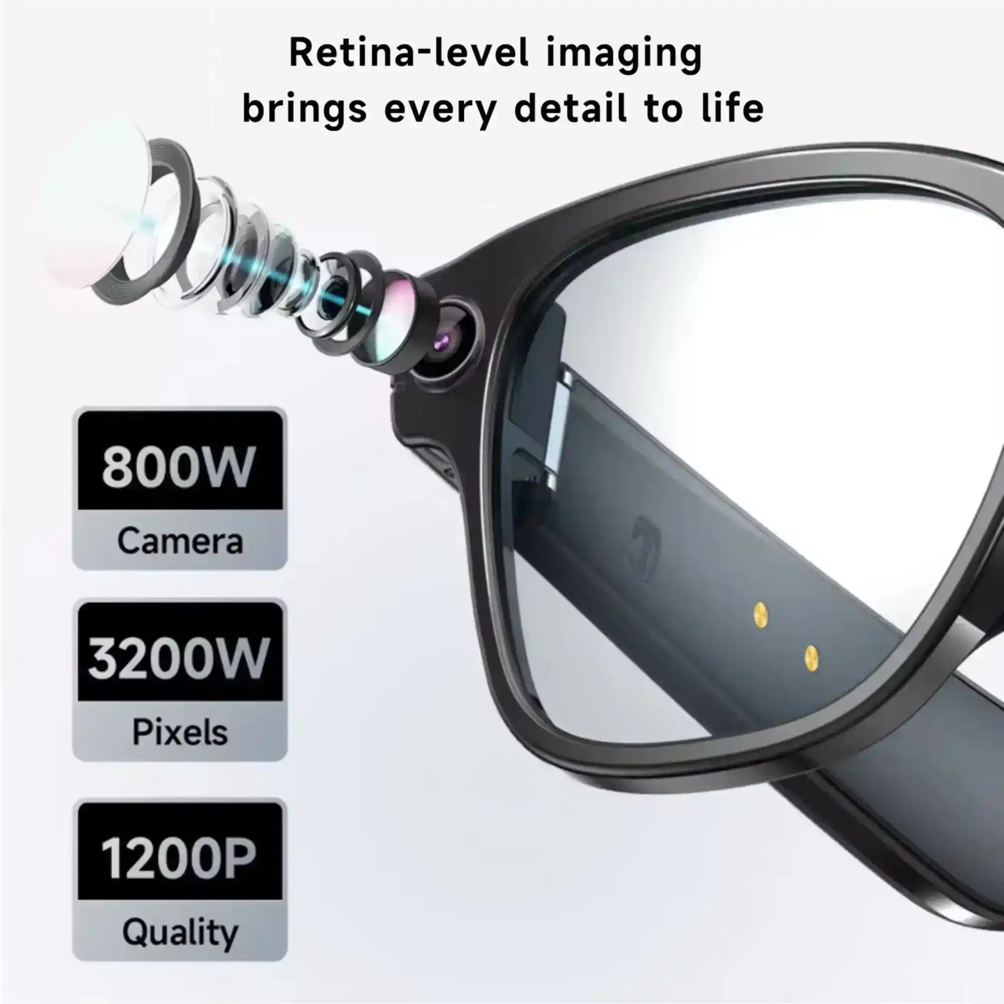 Smart glasses close-up showing built-in 800W camera, 3200W pixels, and 1200P quality specs TUTT