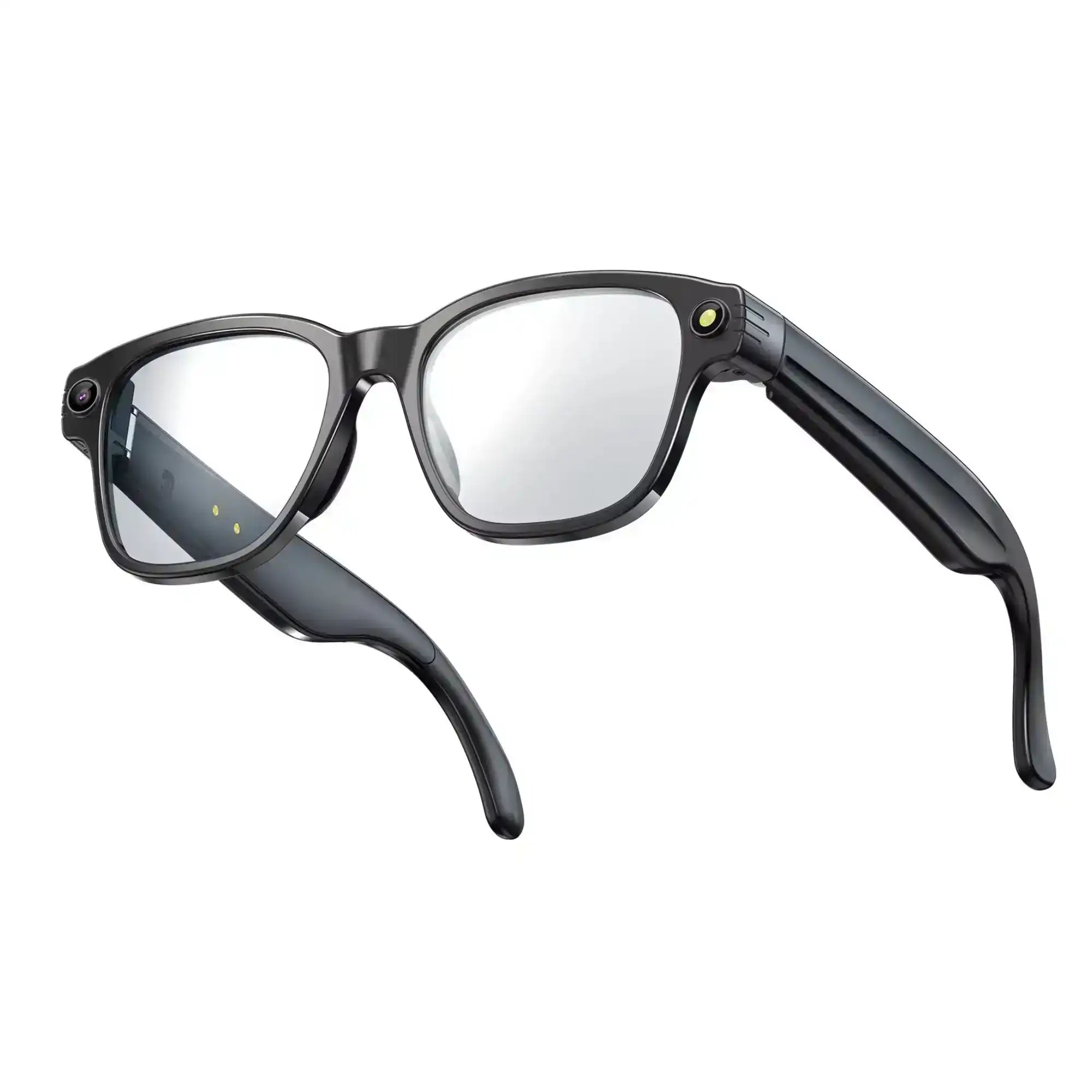 Black smart glasses with clear lenses, built-in camera, and tech details on arms, TUTT
