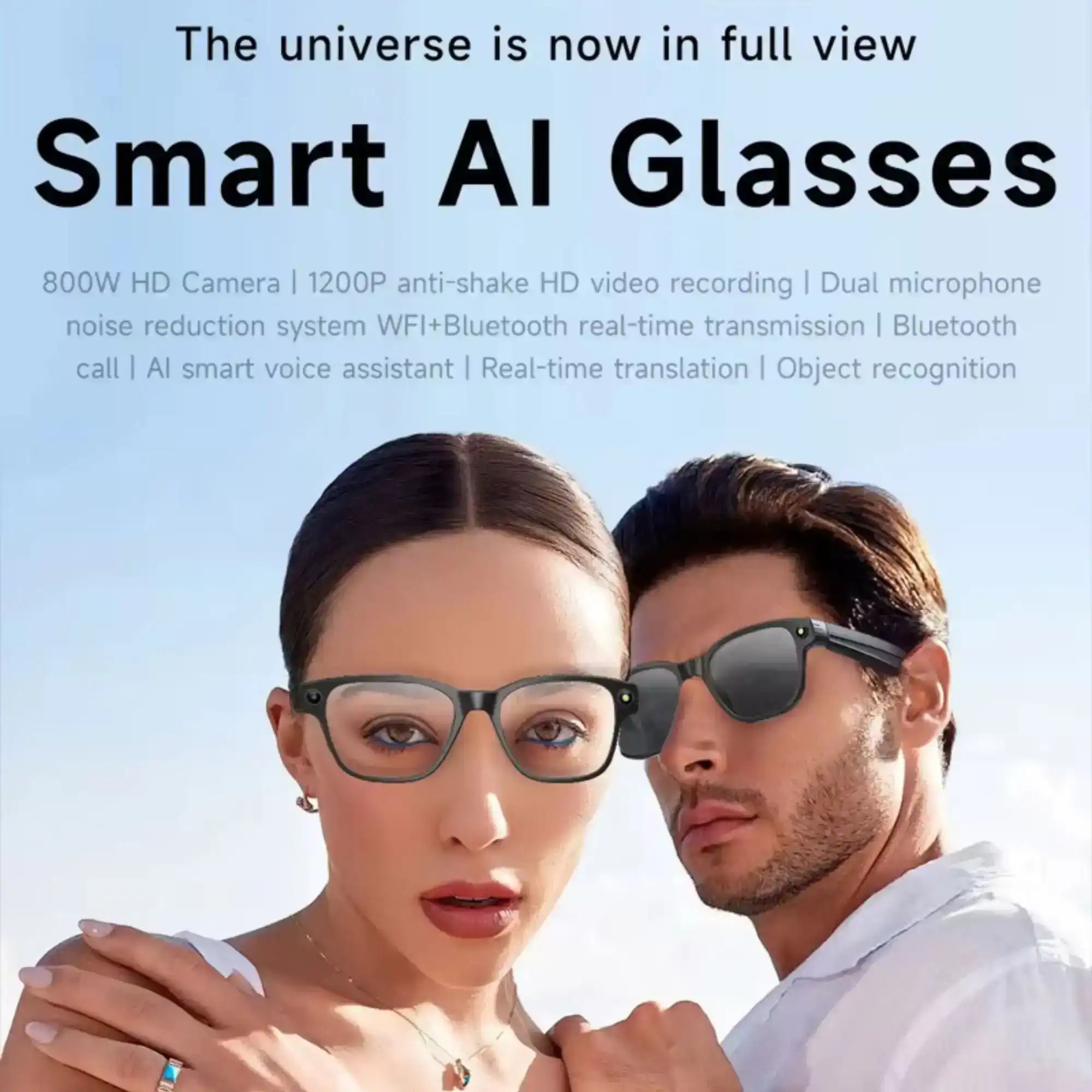 Two models wearing smart AI glasses outdoors with blue sky background, technology features visible. TUTT