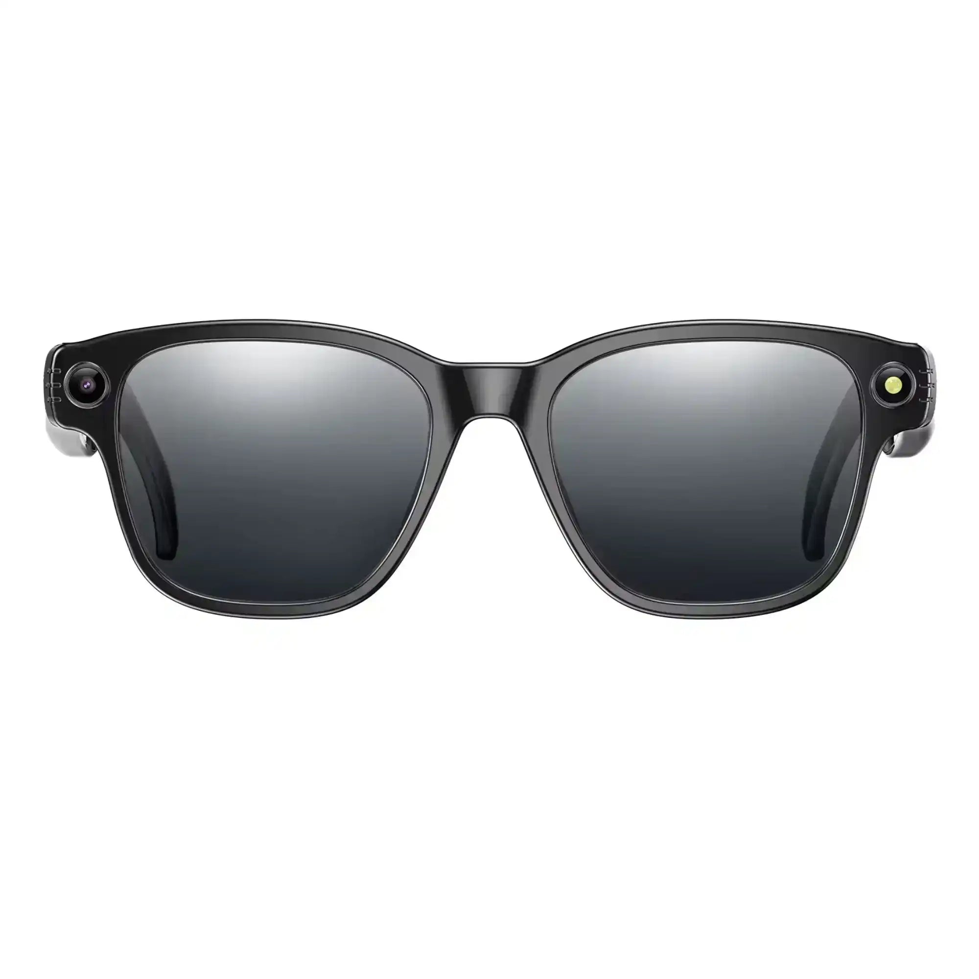 Black smart sunglasses with camera lens on each side, reflective lenses, white background. TUTT