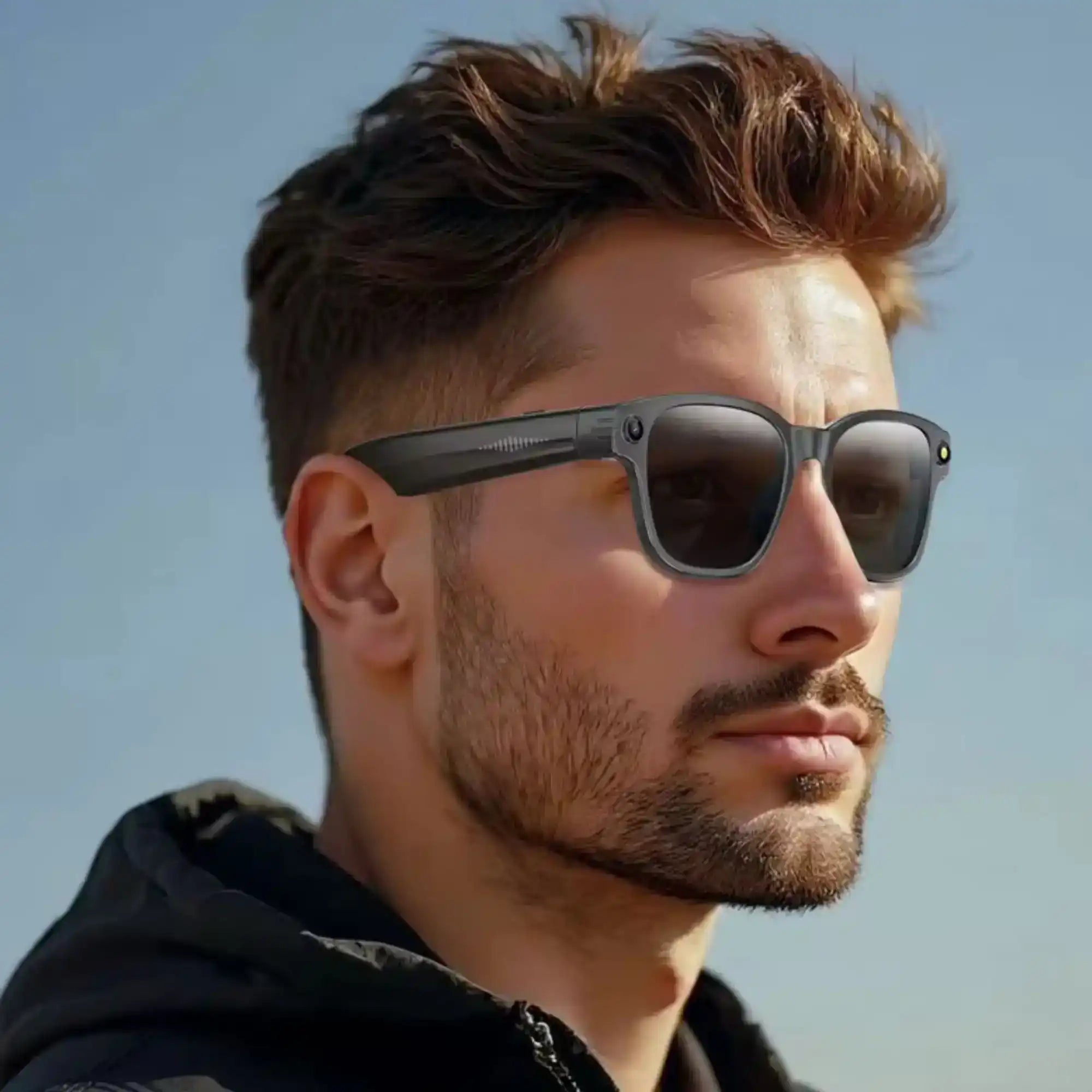 Man wearing AI smart sunglasses with camera outdoors, stylish tech eyewear TUTT