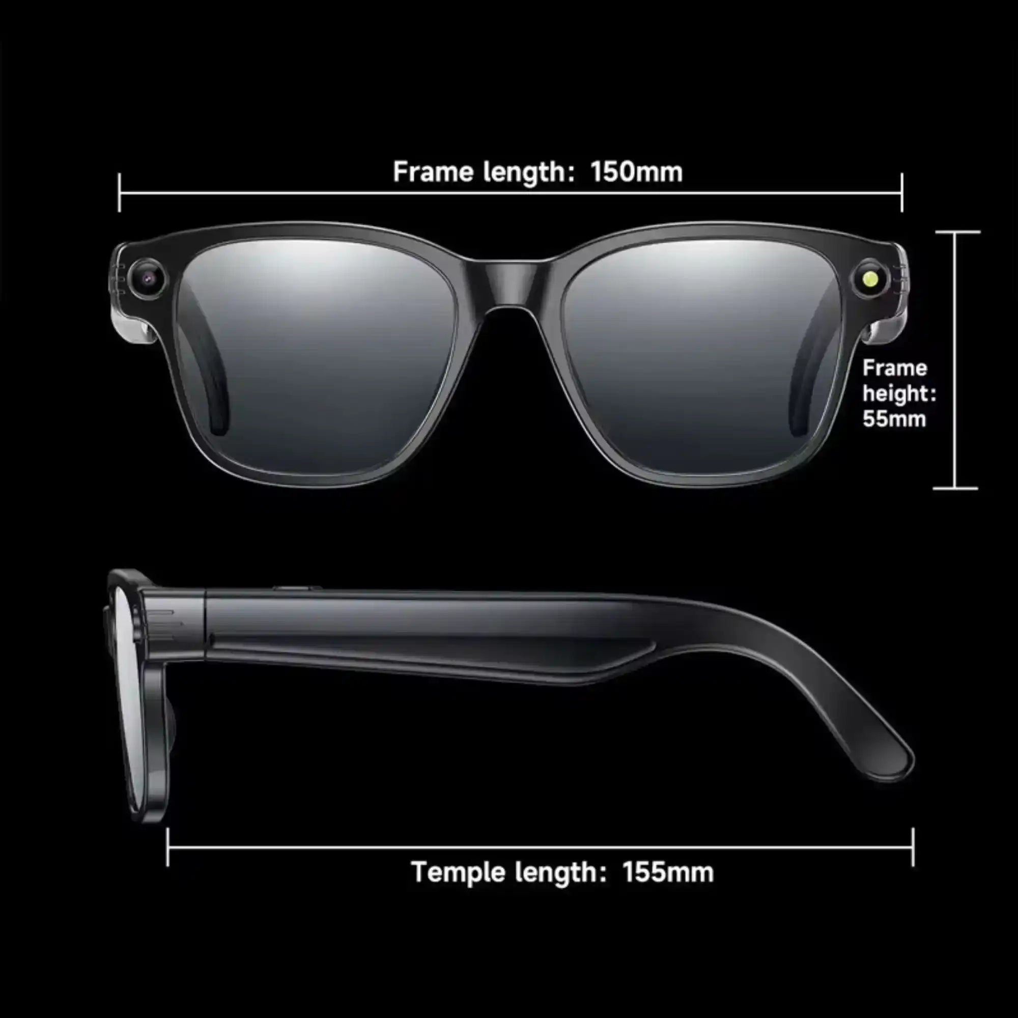 Smart sunglasses with black frame and silver lenses, showing measurements, on black background TUTT