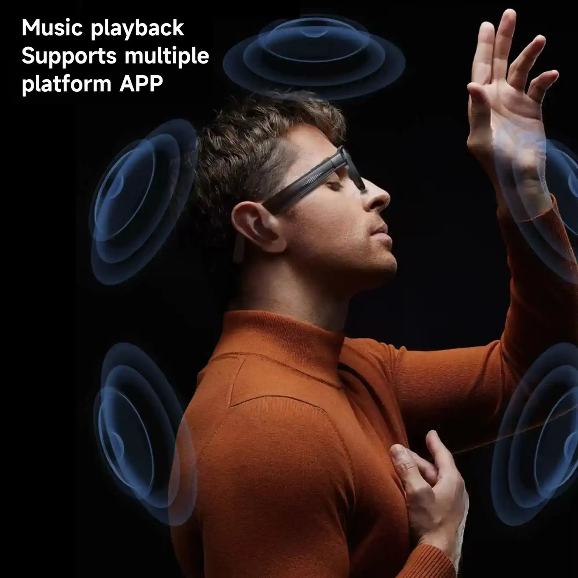 Man wearing smart glasses for music playback in dark setting with soundwaves, TUTT