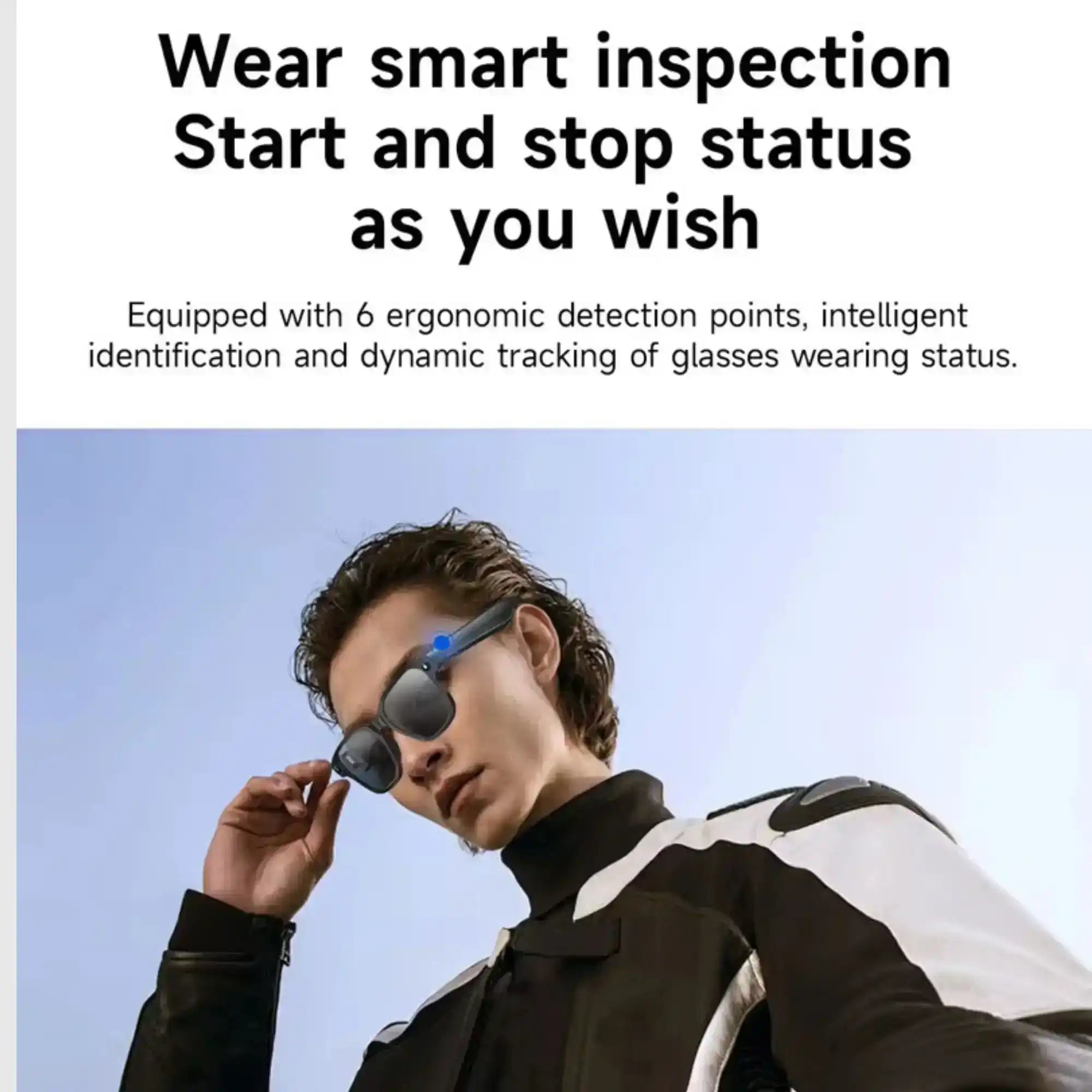 Person wearing black smart glasses with blue sensor, motorcycle jacket, blue sky background, TUTT